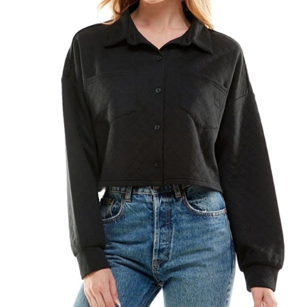NWT Juniors L NO COMMENT NY/LA Black Cropped Quilted Shirt Jacket